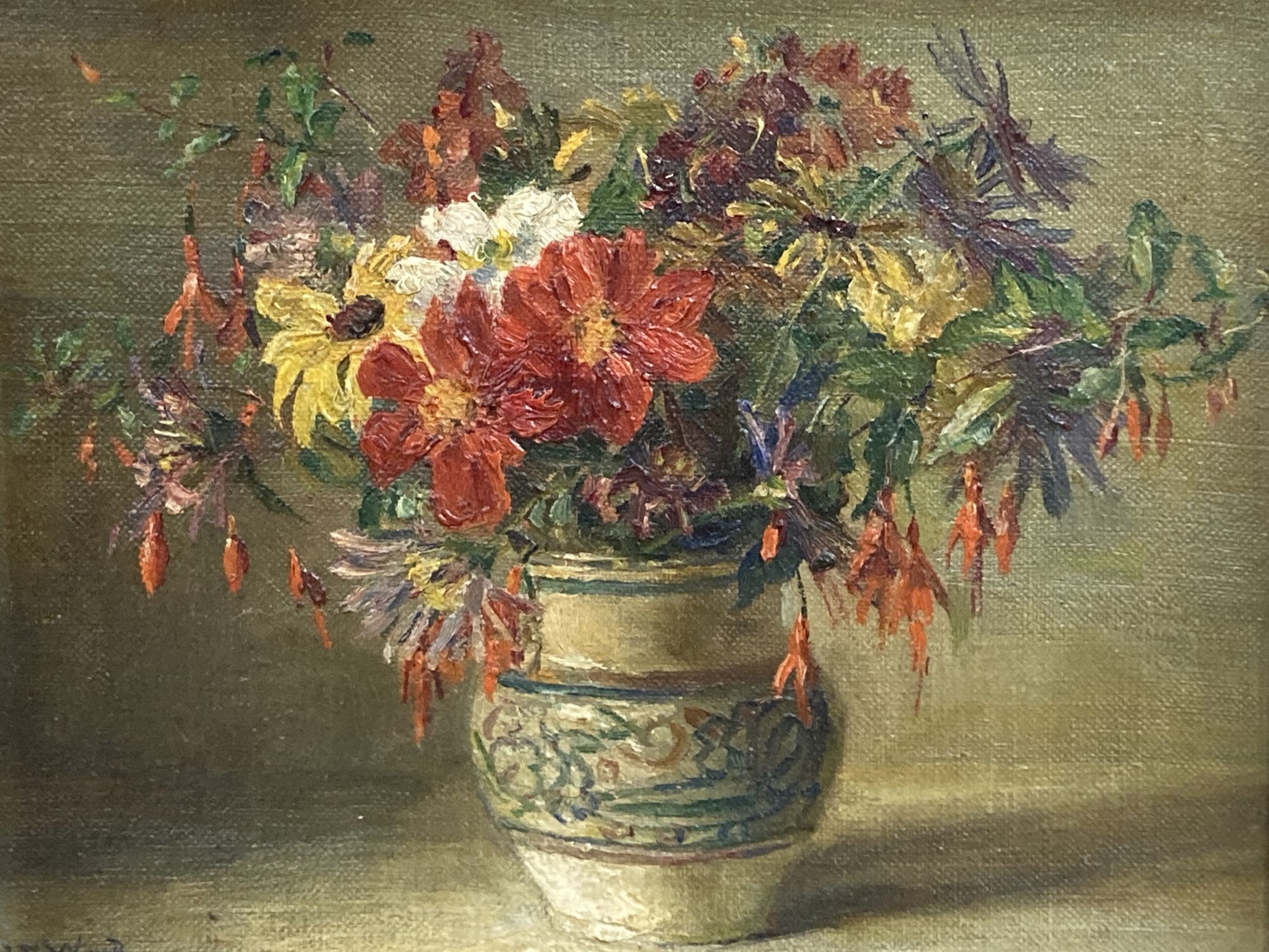 Catherine M. Wood (Exh.1880-1939), oil on canvas board, Still life of flowers in a Poole pottery vase, signed, 17 x 22cm
